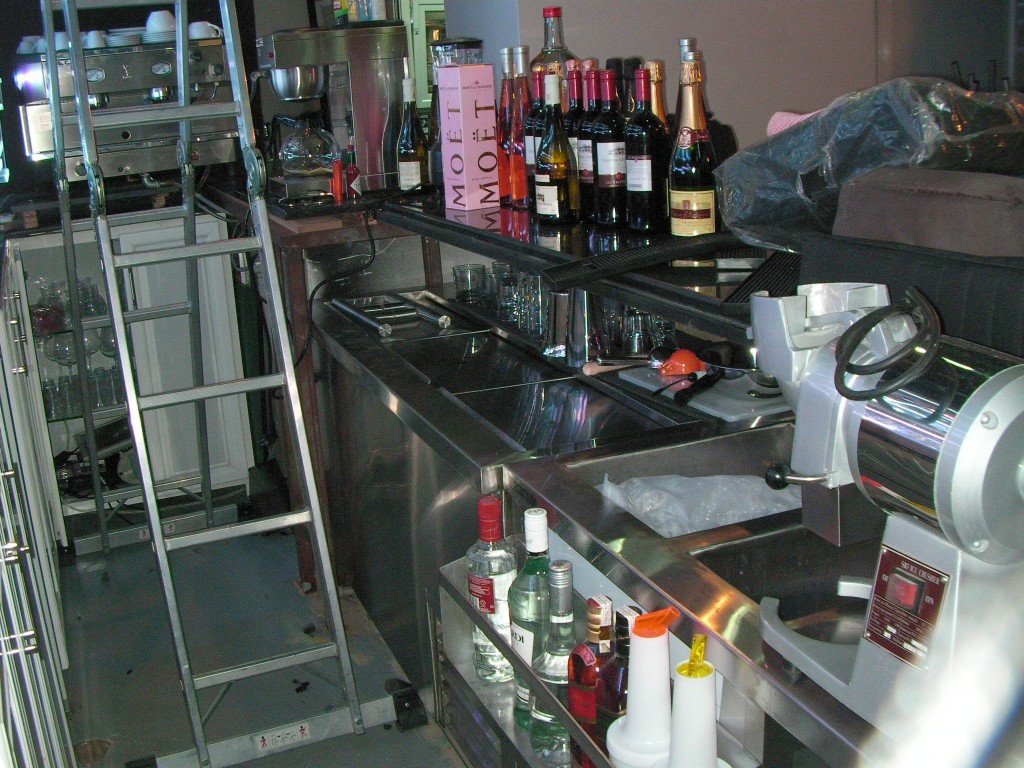 Bar refrigerator, ice bin and sink