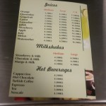 Juices & milkshakes menu