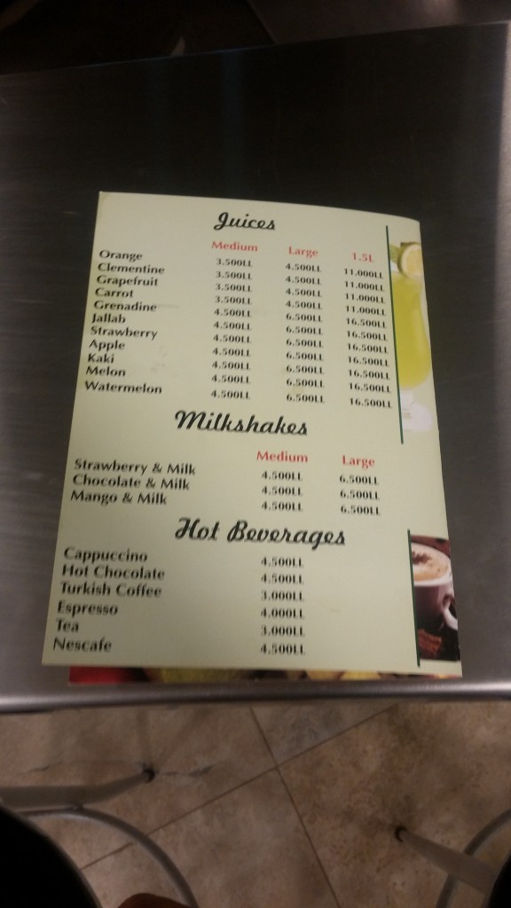 Juices & milkshakes menu