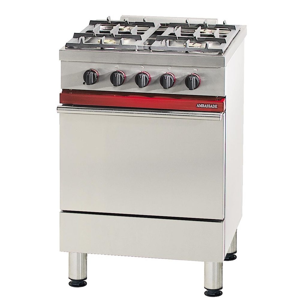 Cooker with 4 burners, 1 gas oven. • Body and front in stainless steel.