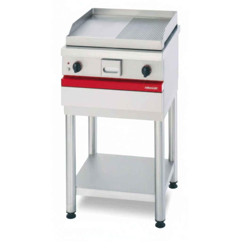 Half-smooth, half-ribbed steel gas griddle.