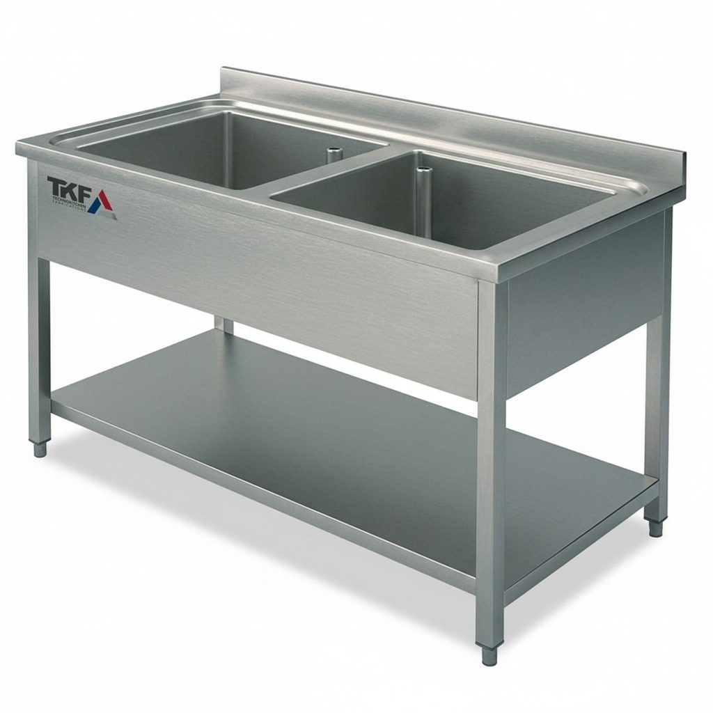 Plonge inox 2 bacs avec étagère basse 140×70 cm